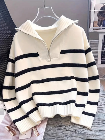 Women's Striped Quarter-Zip Sweater – Ribbed Knit