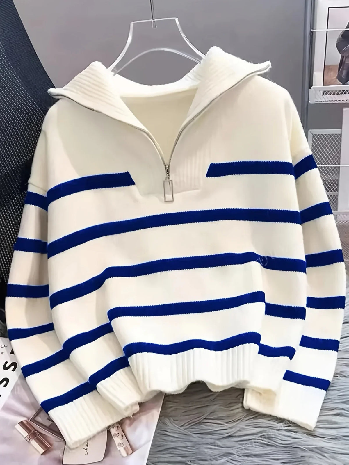 Women's Striped Quarter-Zip Sweater – Ribbed Knit