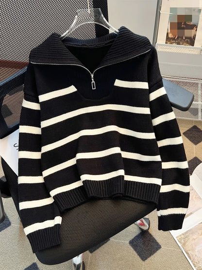 Women's Striped Quarter-Zip Sweater – Ribbed Knit
