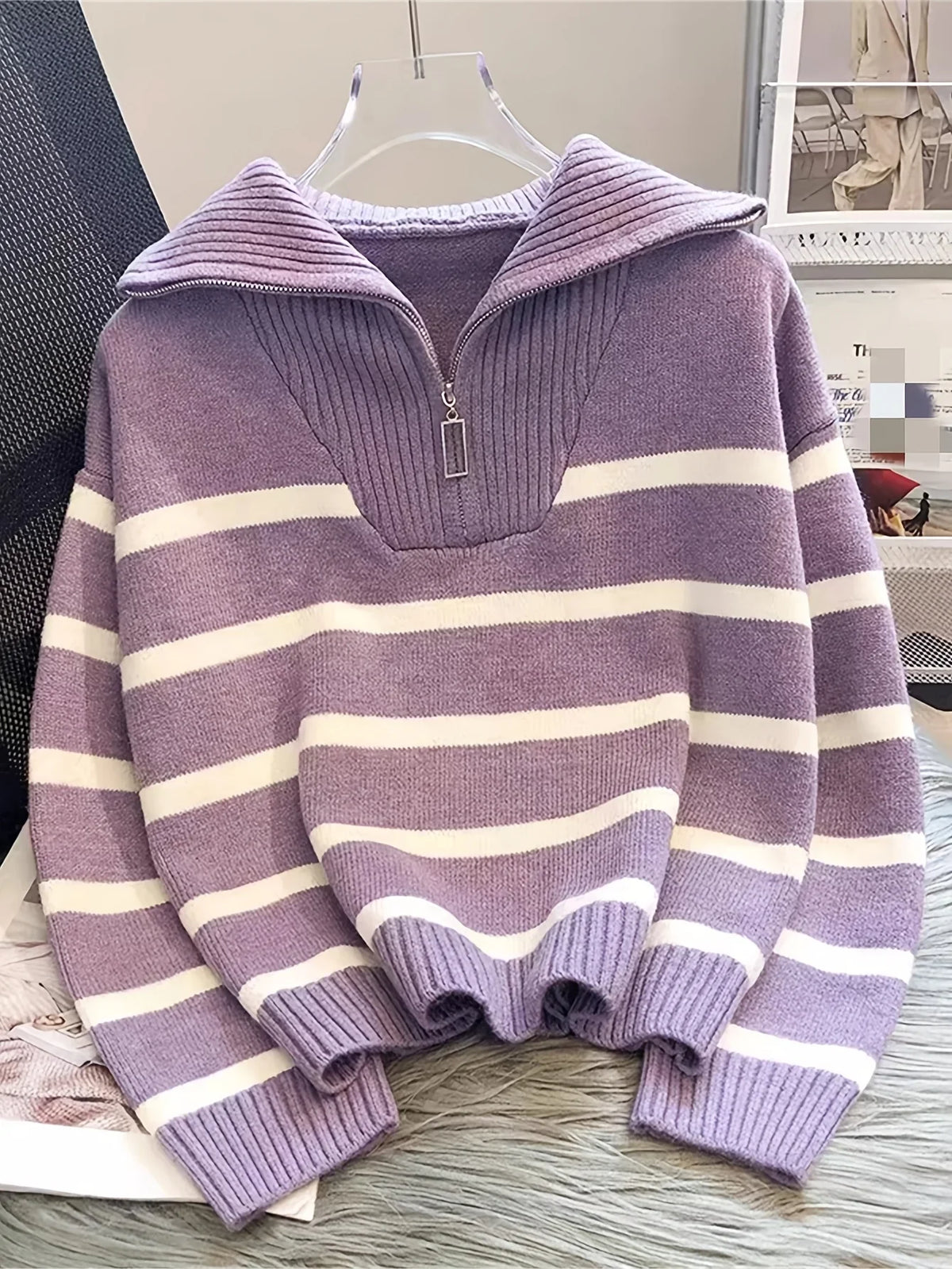 Women's Striped Quarter-Zip Sweater – Ribbed Knit