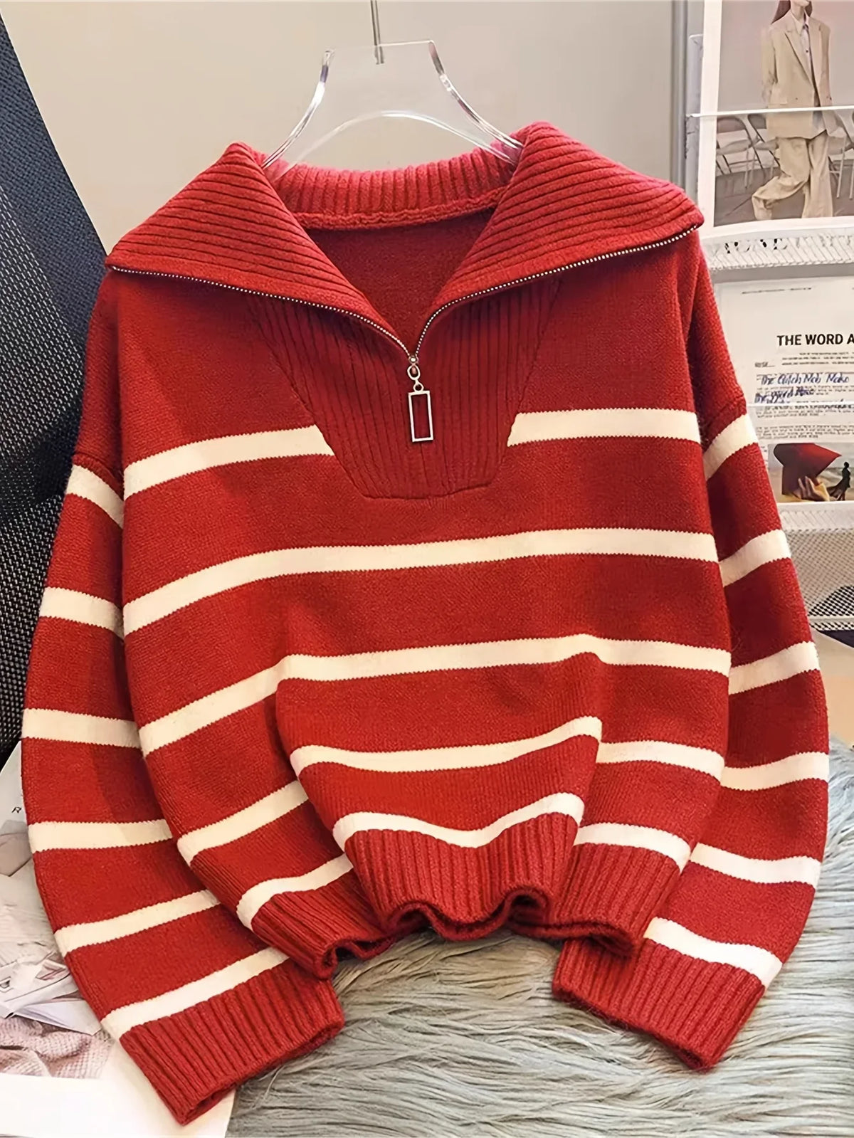 Women's Striped Quarter-Zip Sweater – Ribbed Knit