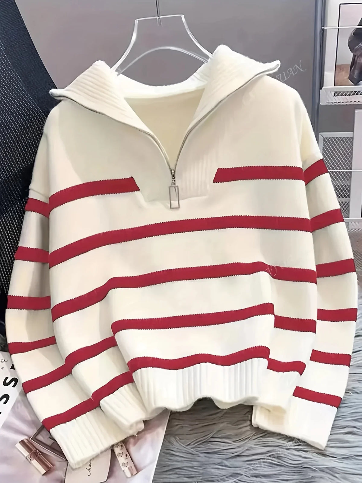 Women's Striped Quarter-Zip Sweater – Ribbed Knit