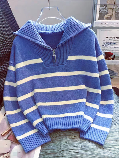 Women's Striped Quarter-Zip Sweater – Ribbed Knit