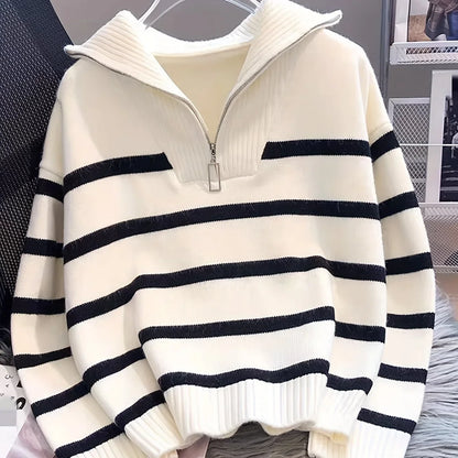 Women's Striped Quarter-Zip Sweater – Ribbed Knit