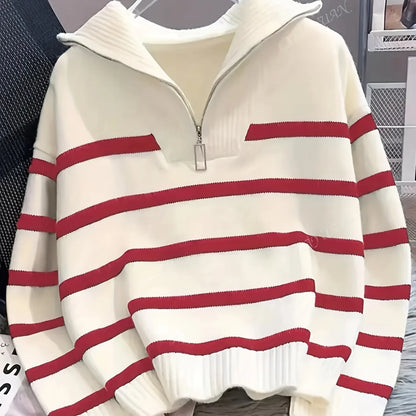 Women's Striped Quarter-Zip Sweater – Ribbed Knit