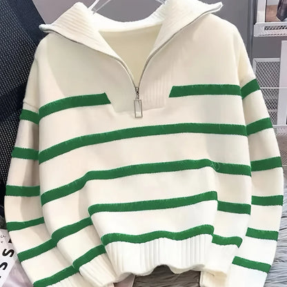 Women's Striped Quarter-Zip Sweater – Ribbed Knit