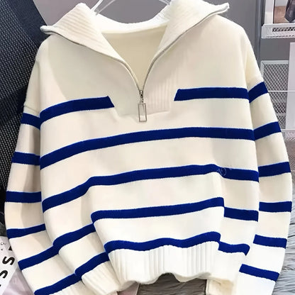 Women's Striped Quarter-Zip Sweater – Ribbed Knit