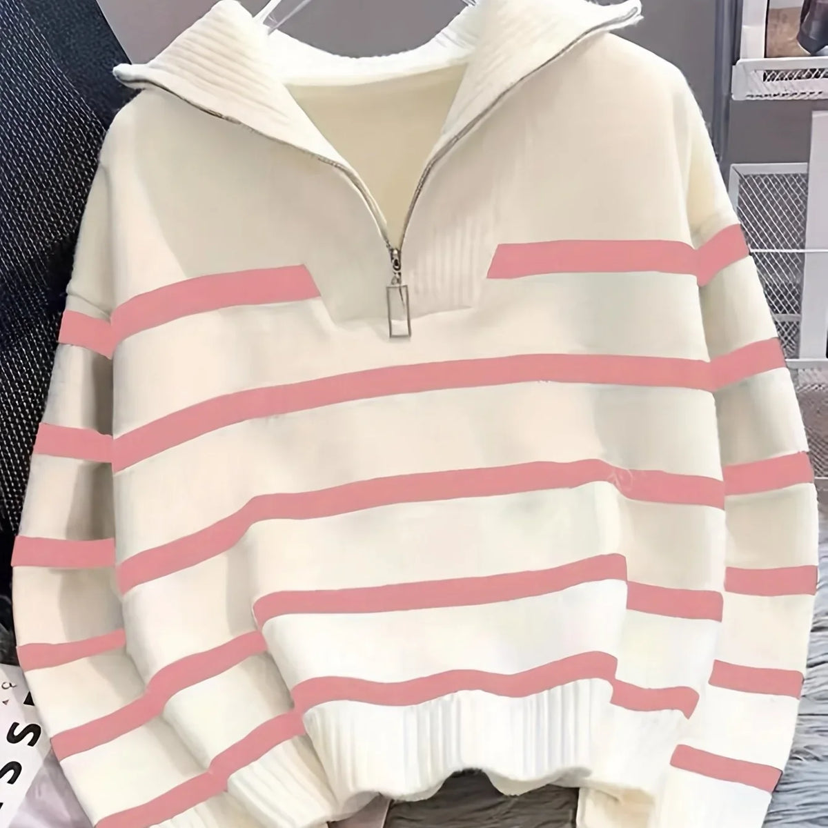 Women's Striped Quarter-Zip Sweater – Ribbed Knit