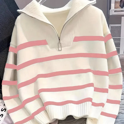 Women's Striped Quarter-Zip Sweater – Ribbed Knit
