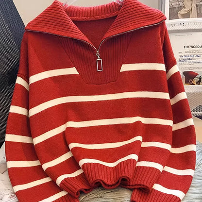 Women's Striped Quarter-Zip Sweater – Ribbed Knit