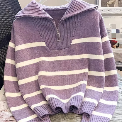 Women's Striped Quarter-Zip Sweater – Ribbed Knit