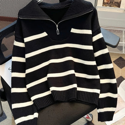 Women's Striped Quarter-Zip Sweater – Ribbed Knit