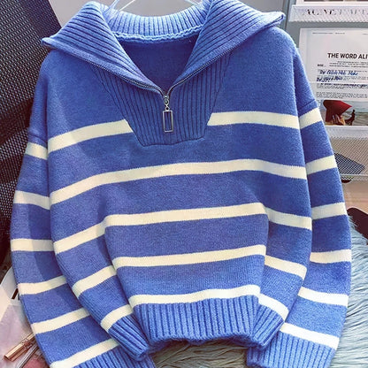 Women's Striped Quarter-Zip Sweater – Ribbed Knit