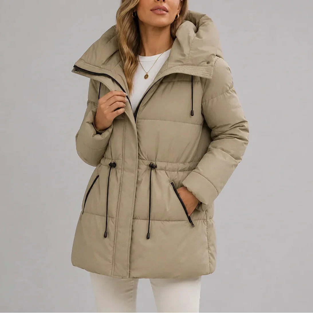 Women's Hooded Quilted Coat – Drawstring Waist Zip-Up