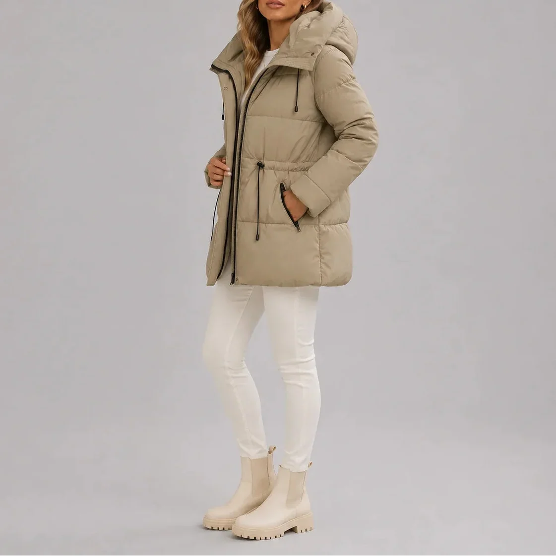 Women's Hooded Quilted Coat – Drawstring Waist Zip-Up