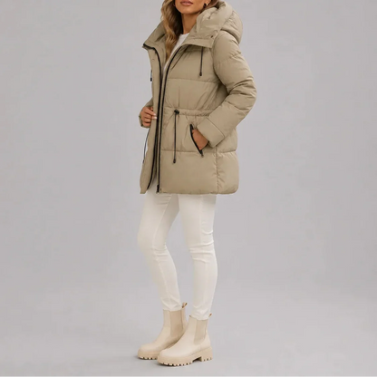Women's Hooded Quilted Coat – Drawstring Waist Zip-Up
