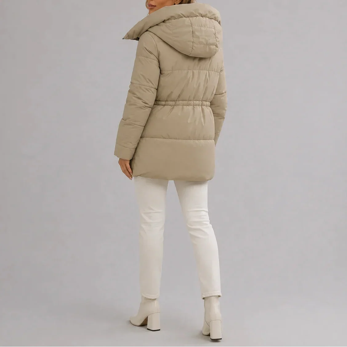 Women's Hooded Quilted Coat – Drawstring Waist Zip-Up