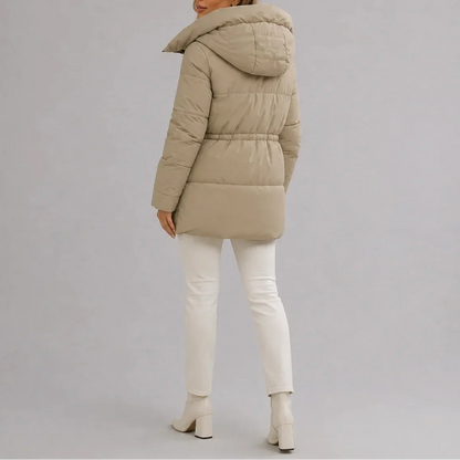 Women's Hooded Quilted Coat – Drawstring Waist Zip-Up