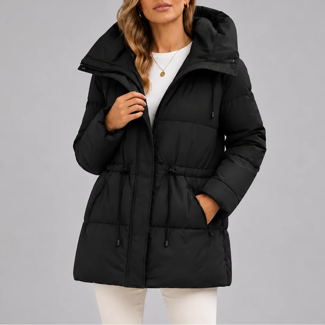 Women's Hooded Quilted Coat – Drawstring Waist Zip-Up