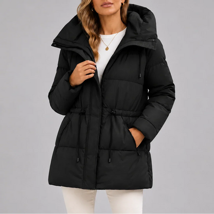 Women's Hooded Quilted Coat – Drawstring Waist Zip-Up