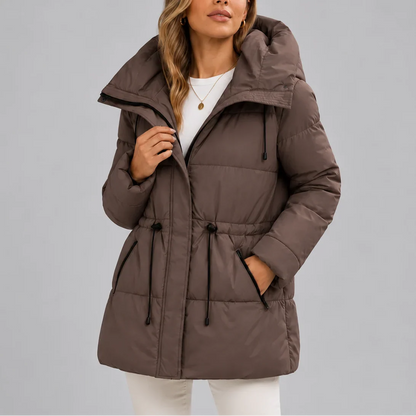 Women's Hooded Quilted Coat – Drawstring Waist Zip-Up