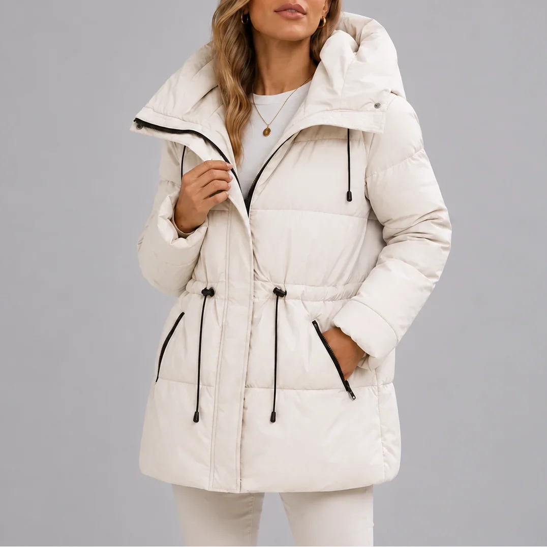 Women's Hooded Quilted Coat – Drawstring Waist Zip-Up