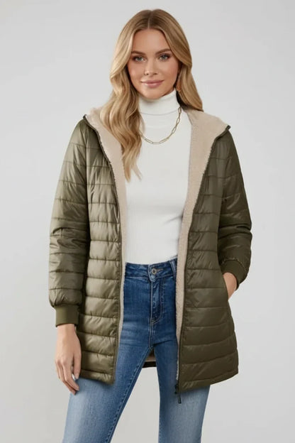 Women's Quilted Jacket - Hooded Zip Front Winter Jacket