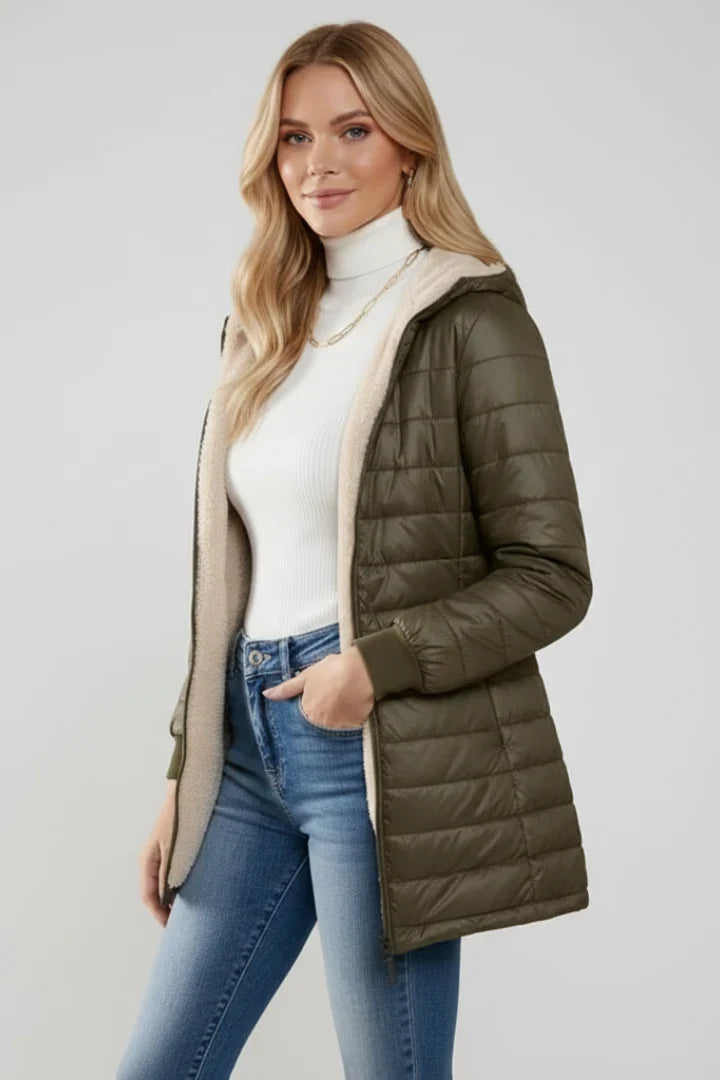 Women's Quilted Jacket - Hooded Zip Front Winter Jacket