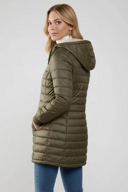 Women's Quilted Jacket - Hooded Zip Front Winter Jacket