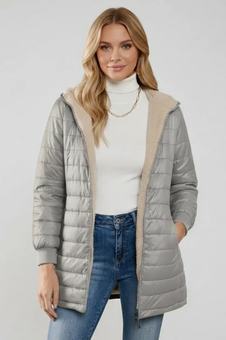 Women's Quilted Jacket - Hooded Zip Front Winter Jacket
