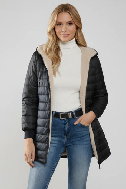 Women's Quilted Jacket - Hooded Zip Front Winter Jacket