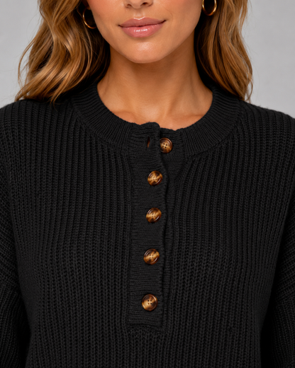 Women's Henley Sweater - Ribbed Knit Button Neck