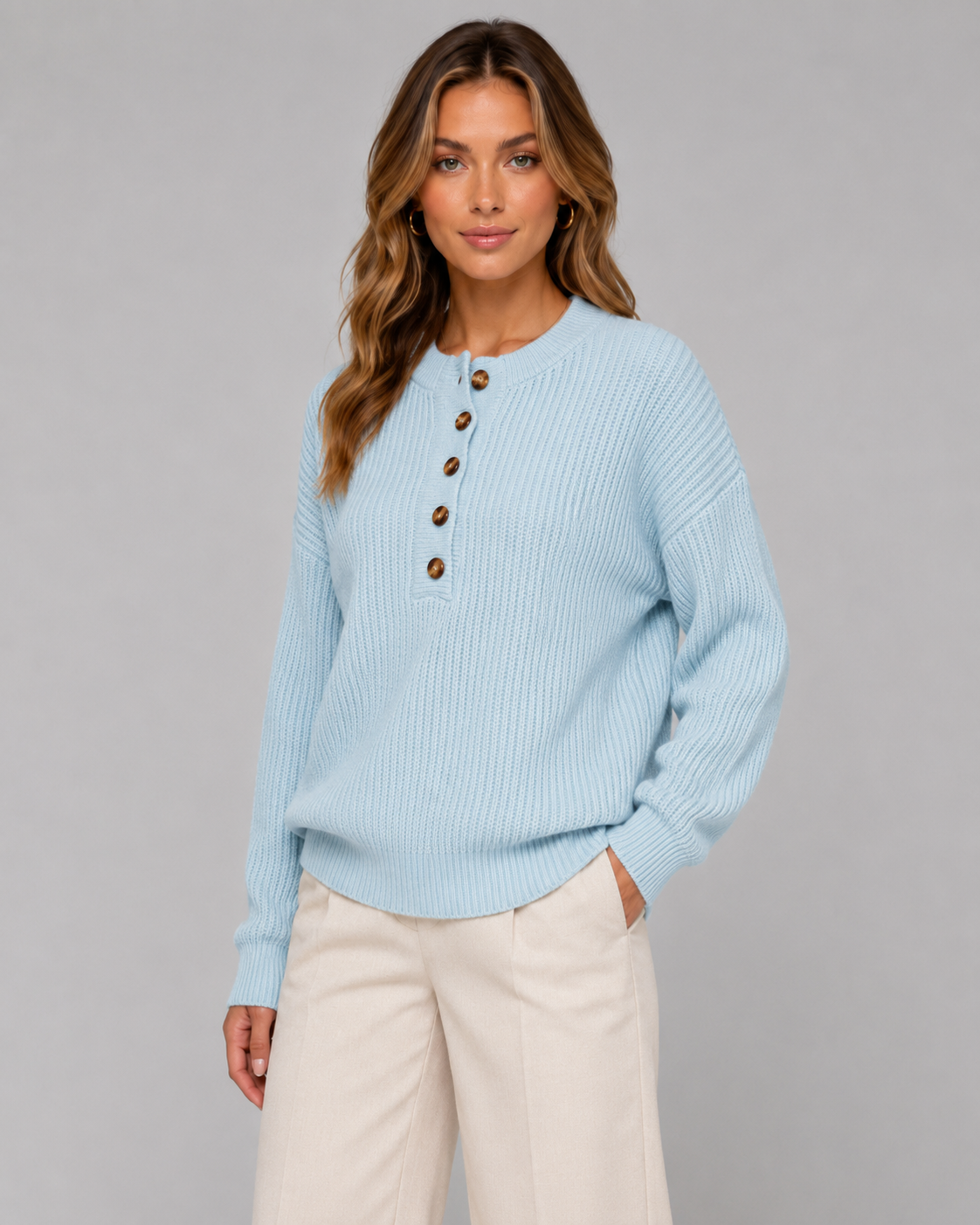 Women's Henley Sweater - Ribbed Knit Button Neck