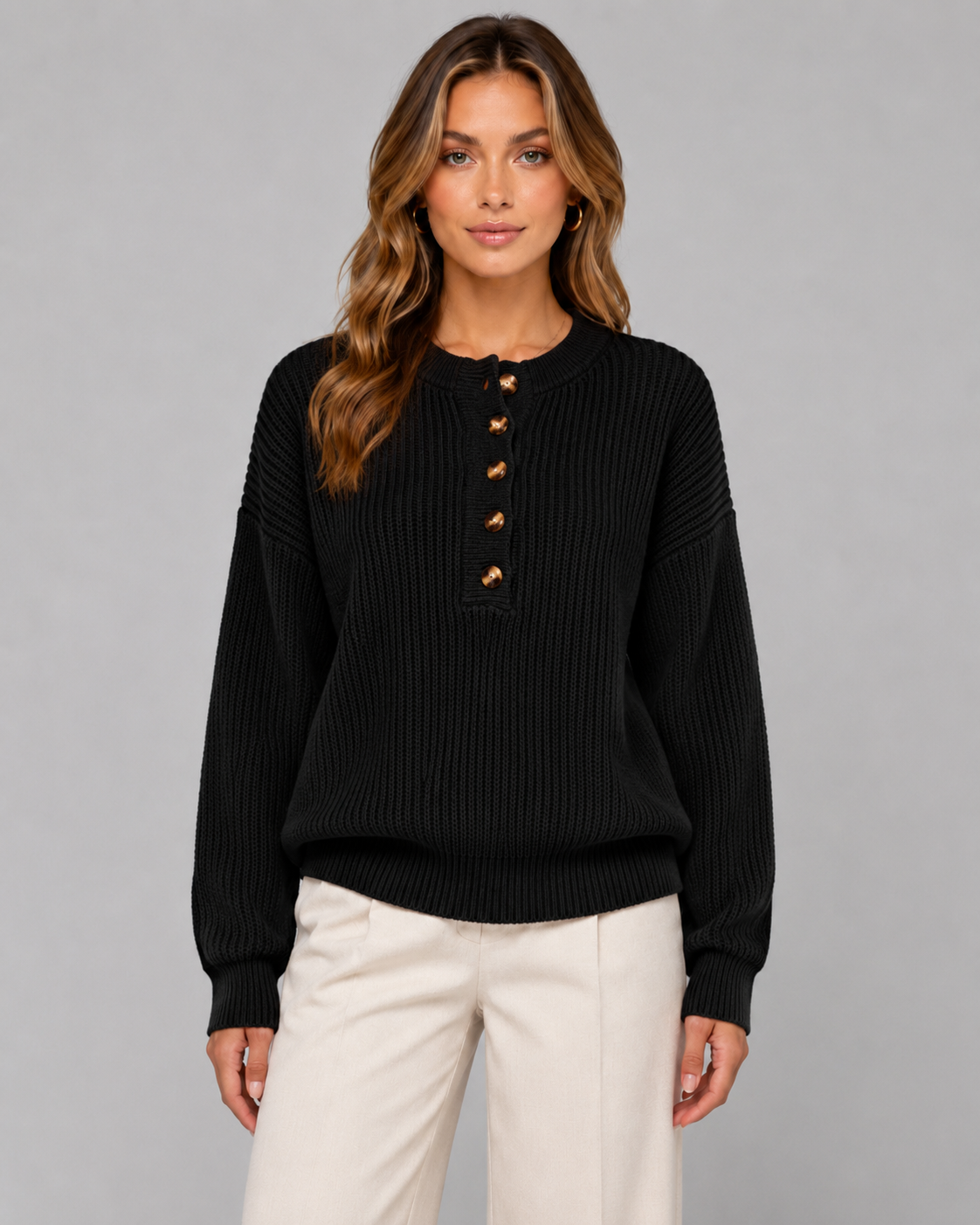 Women's Henley Sweater - Ribbed Knit Button Neck