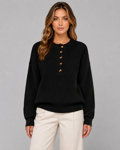 Women's Henley Sweater - Ribbed Knit Button Neck