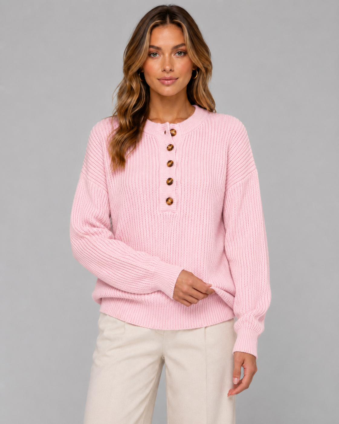 Women's Henley Sweater - Ribbed Knit Button Neck