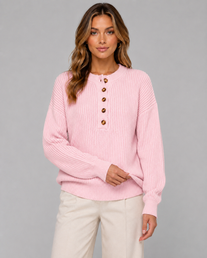 Women's Henley Sweater - Ribbed Knit Button Neck