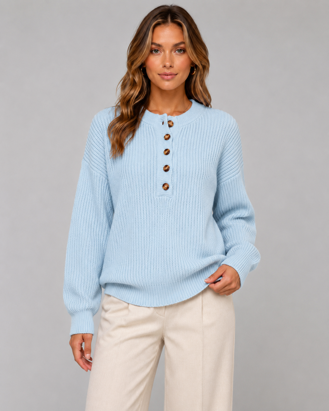 Women's Henley Sweater - Ribbed Knit Button Neck