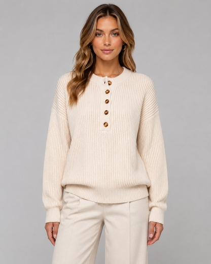 Women's Henley Sweater - Ribbed Knit Button Neck
