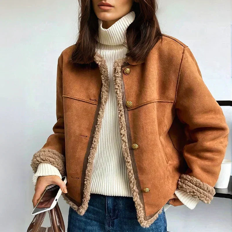 Women’s Shearling Jacket - Suede Faux Fur Lined Button Front