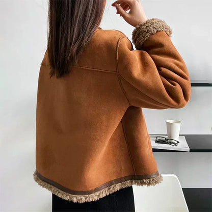 Women’s Shearling Jacket - Suede Faux Fur Lined Button Front