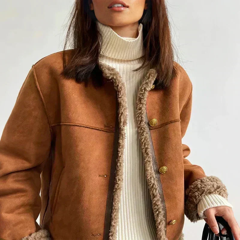 Women’s Shearling Jacket - Suede Faux Fur Lined Button Front