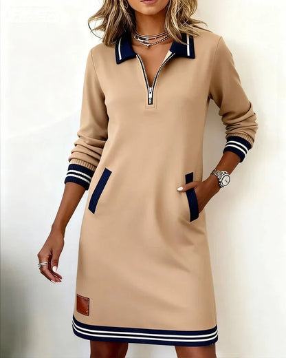 Women's Striped Midi Shirt Dress – Polo Collar, Zip Pockets