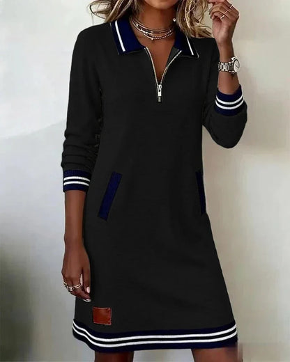 Women's Striped Midi Shirt Dress – Polo Collar, Zip Pockets