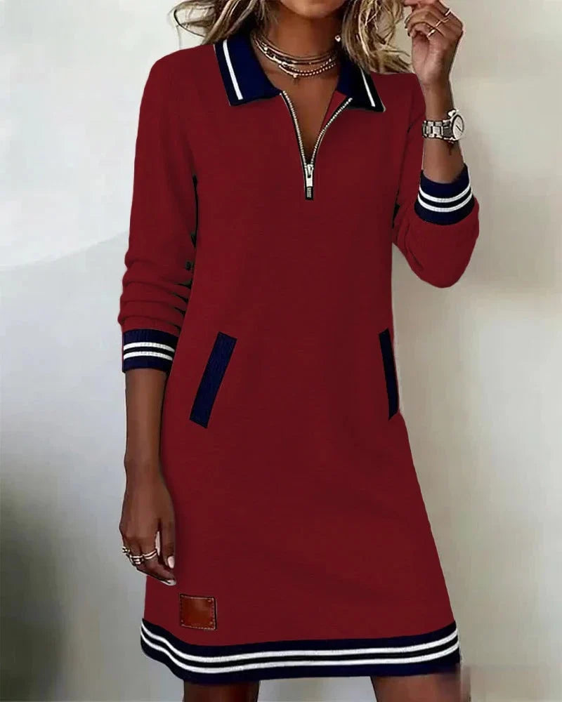 Women's Striped Midi Shirt Dress – Polo Collar, Zip Pockets