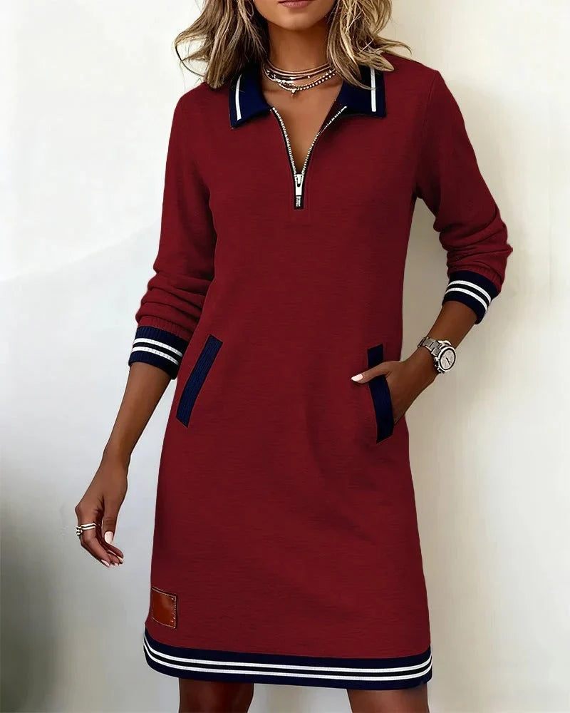 Women's Striped Midi Shirt Dress – Polo Collar, Zip Pockets