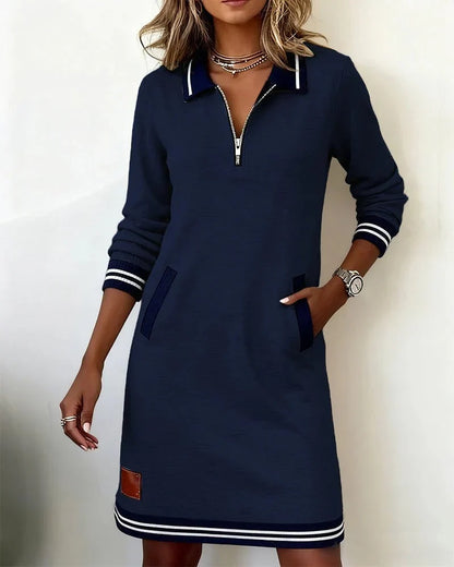 Women's Striped Midi Shirt Dress – Polo Collar, Zip Pockets