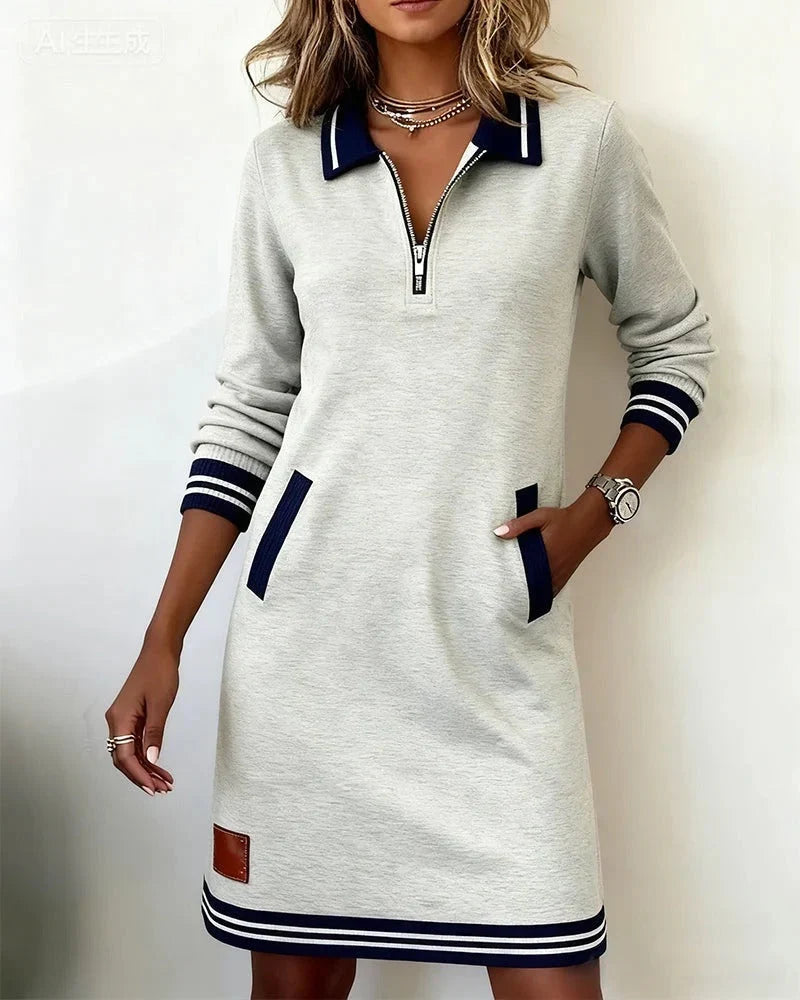 Women's Striped Midi Shirt Dress – Polo Collar, Zip Pockets