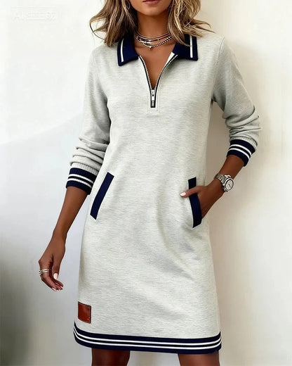 Women's Striped Midi Shirt Dress – Polo Collar, Zip Pockets