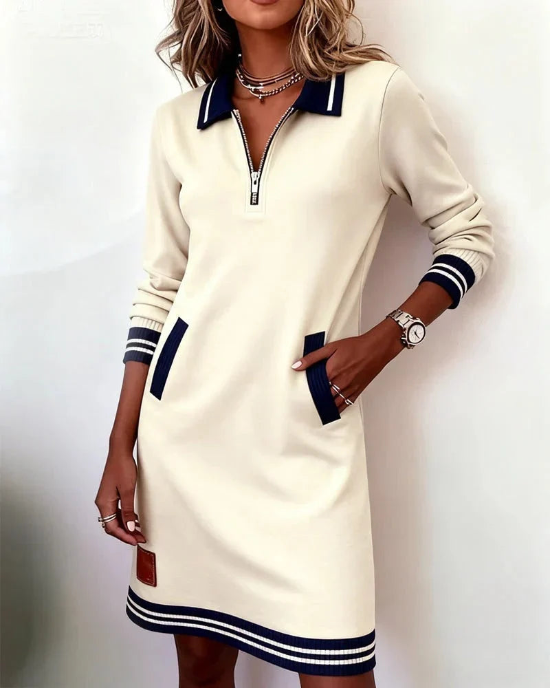 Women's Striped Midi Shirt Dress – Polo Collar, Zip Pockets